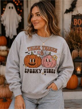 Spooky Vibes Pumpkin Graphic Sweatshirt - Gray